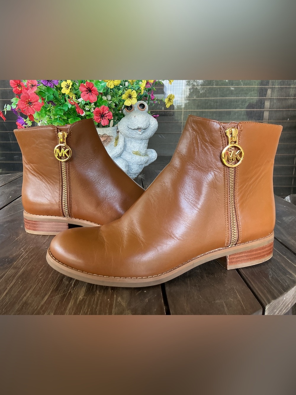 Michael Kors Leather Ankle Zip Boots Luggage Brown - Size 6